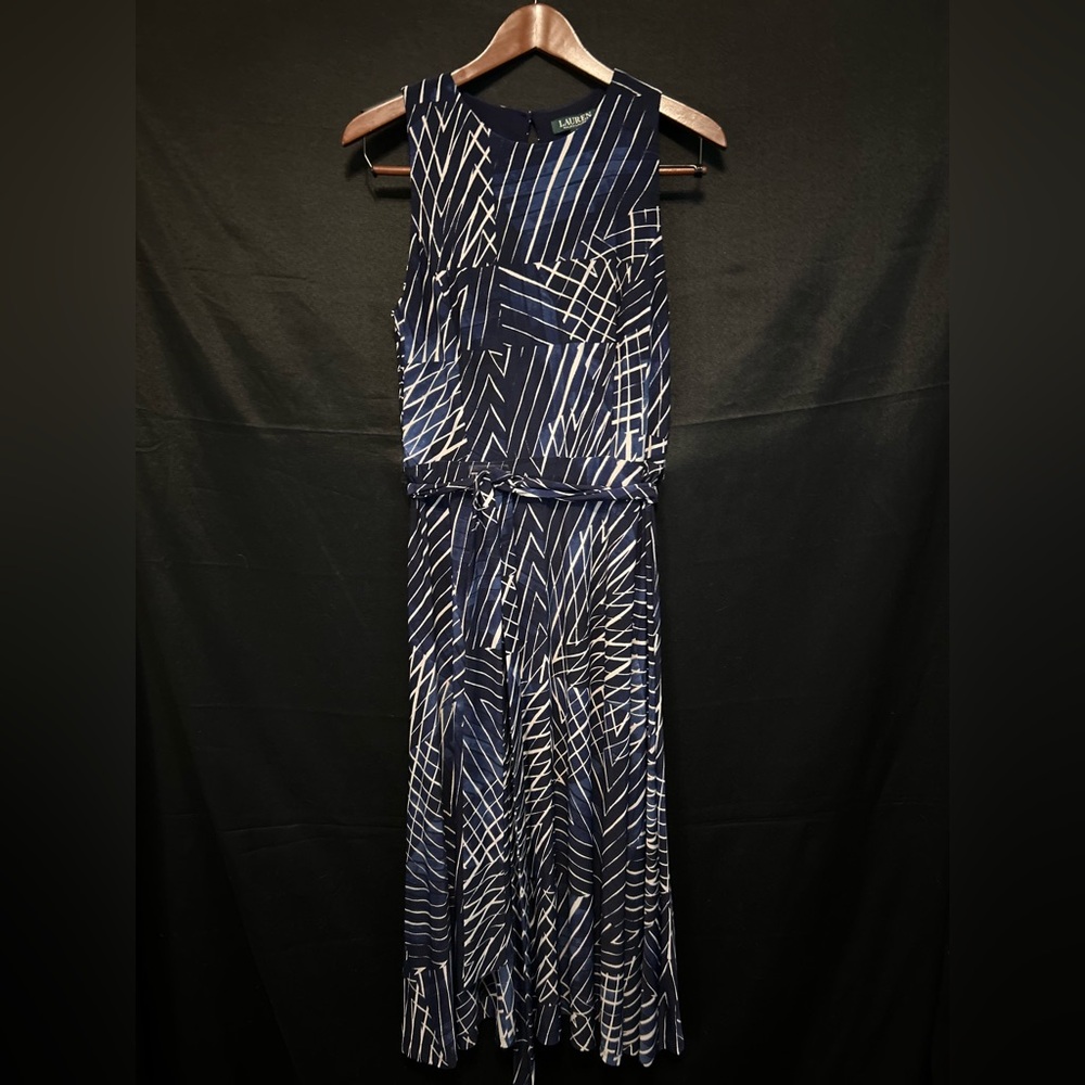 RALPH LAUREN Navy Blue Stretch Jersey Abstract Fit Flare Belted Midi Dress 8